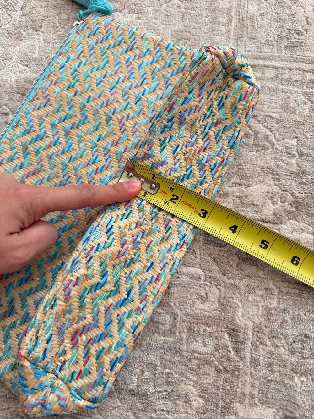 Lancôme Woven Raffia Style Clutch Pouch Turquoise Tassel Zip Bag New
